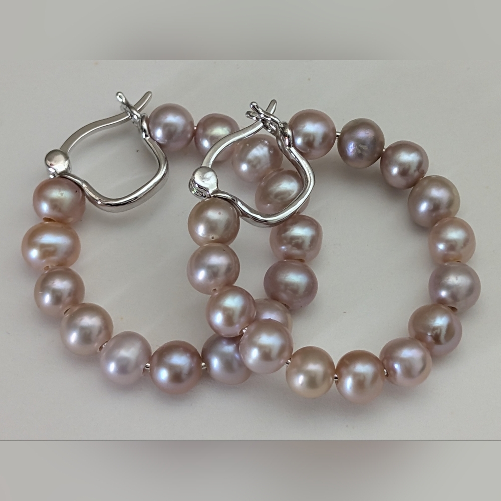 Pink Cultured Freshwater Pearl Rhodium Over Sterling Silver Hoop Earrings